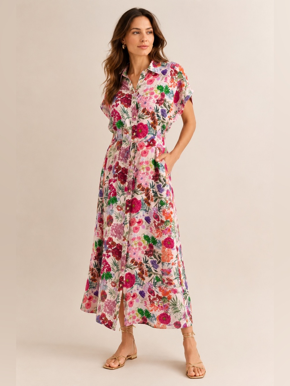 Carolina K Valerie Caftan Dress Floral Pink M/L Boho Maxi